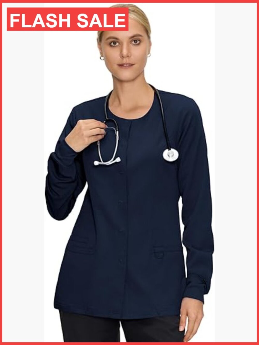 Snap Front Scrub Jacket 3 Pockets Soft Stretch Nurse Uniform Long Sleeve